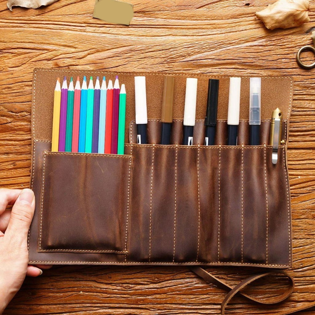 Leather Pen Roll Organizers Multiple Compartment Pencil Case For Student Artist