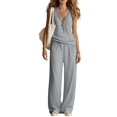 thumbnail image 4 of Two Piece Set for Women Summer Outfits Vacation Trendy Lounge Sets V Neck Matching Sets Gray-Blue S, 4 of 6