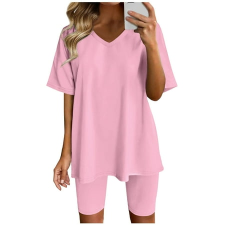 OJSFQUFP Summer Fashion Pink Womens Two Piece Outfits Short Sleeve Tops Short Pants Running Yoga Sport Sets Basic Top & Shorts Set S
