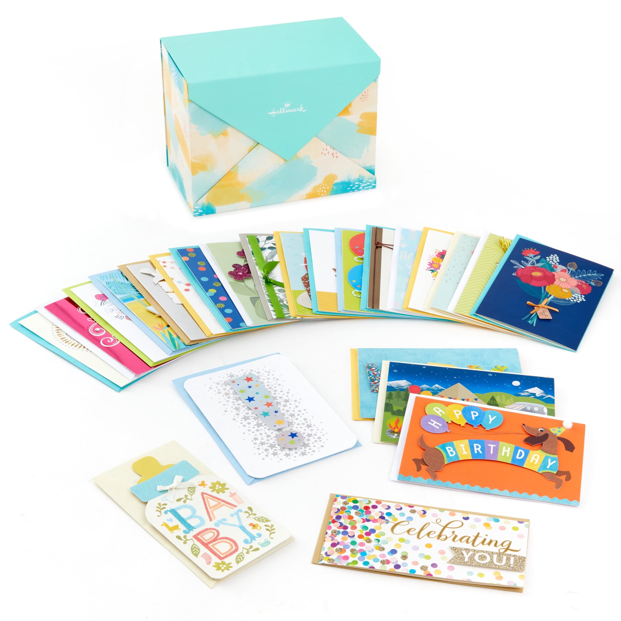Hallmark Assorted Boxed Handmade Greeting Cards (Watercolor)—Birthday, Baby Shower, Wedding, Sympathy, Thinking of You, Thank You, Pack of 24 With Storage Box