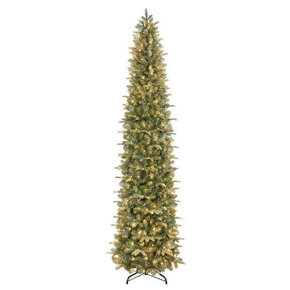 Puleo International 9' Pre-Lit Artificial Yardley Spruce Pencil Tree with 450 Dual-Color LED Lights and a Fresh Christmas Tree Scent Dispenser