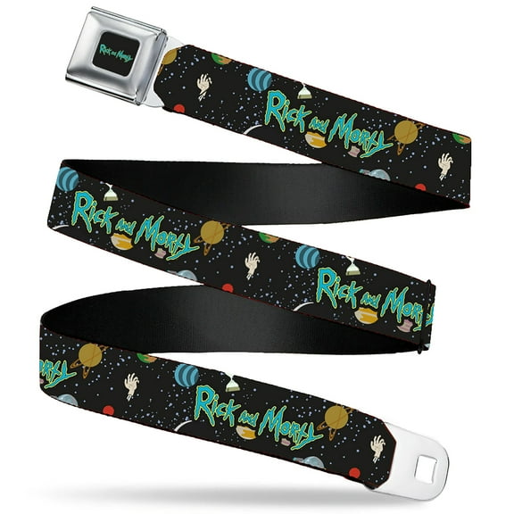 Rick and Morty Belt, Seatbelt Buckle Belt, Rick and Morty Title Logo Space Black, 30 to 44 Inches