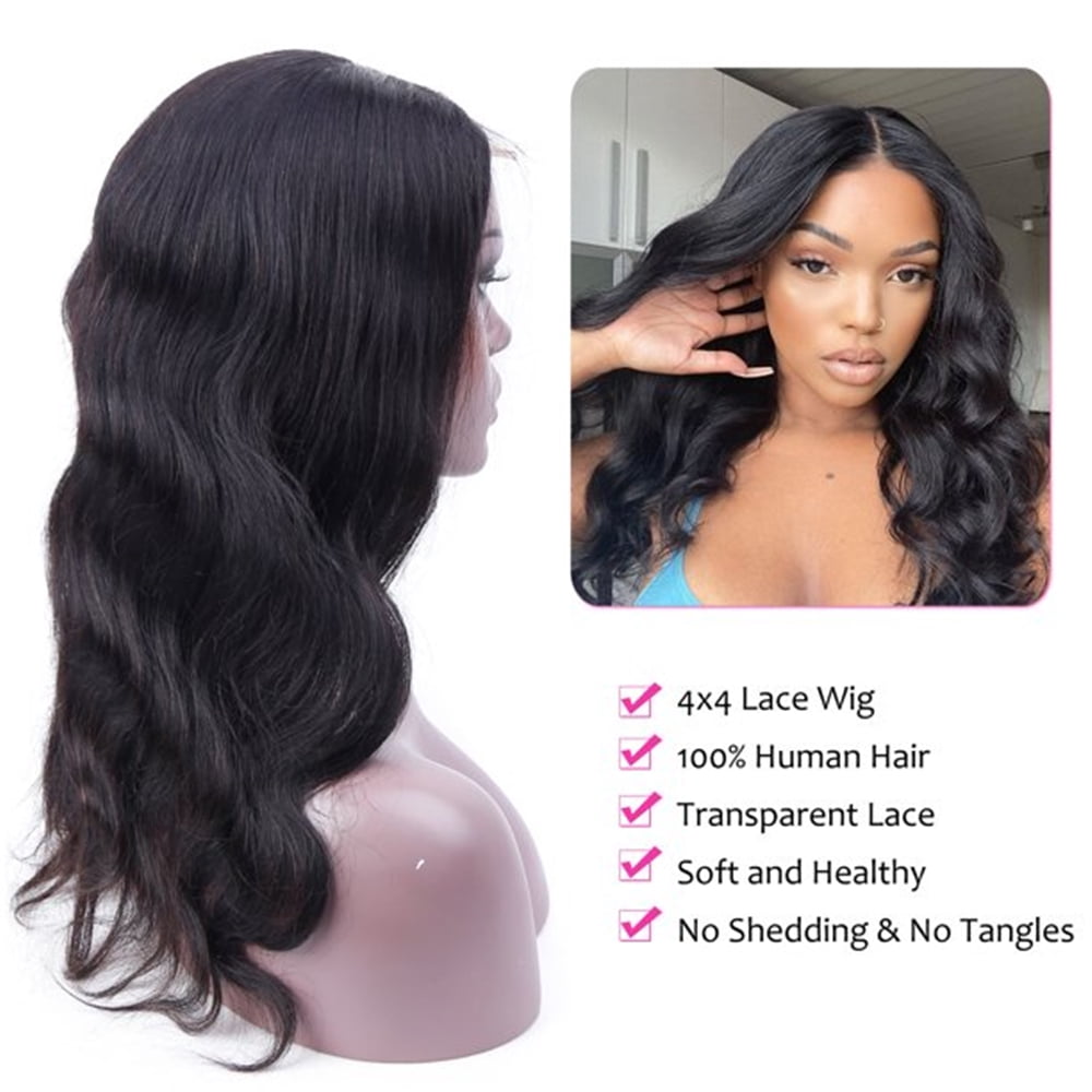 DOPI Body Wave 4x4 Lace Front Wig Human Hair for Women Brazilian Lace Closure Wigs 180% Density Natural Color 12 inch