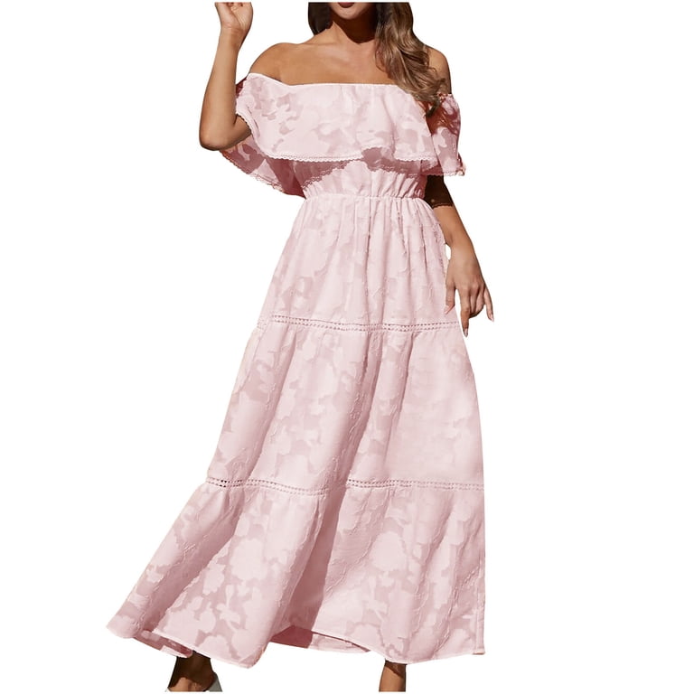 women's light pink off the shoulder dress for traveling NWT $43 SIZE L PINK Prinbara Elegant Off Shoulder High Waist Wrap DRESS  MAXI