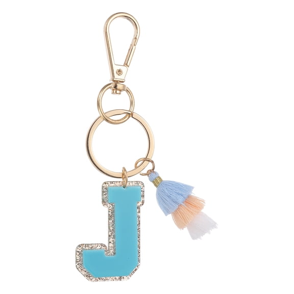 Initial Letter Keychain, Cute Alphabet Letter-J Charm with Tassel, Light Blue