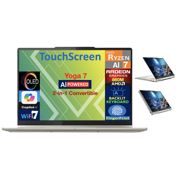 Lenovo Yoga 7 AI Powered 2-in-1 Laptop 14.0in Touchscreen OLED WUXGA Display (AMD Ryzen AI 7 350, 16GB LPDDR5X, 1TB SSD, Backlit KB, Fingerprint, WiFi 7, Webcam, Bluetooth 5.4, Win 11 Home)