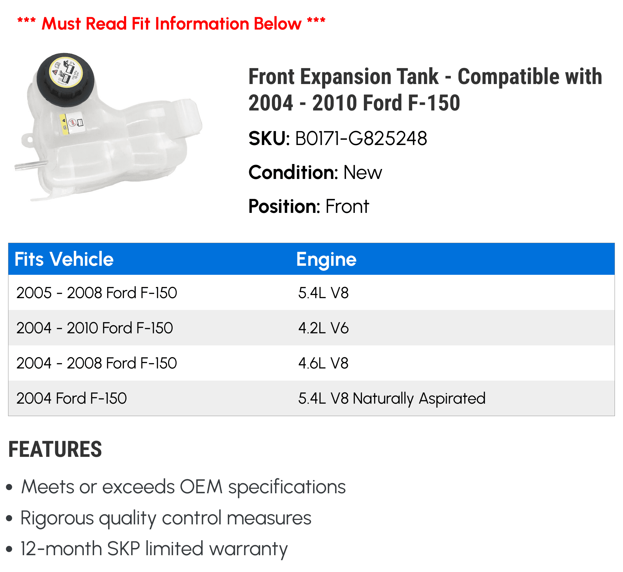 Front Expansion Tank - Compatible with 2004 - 2010 Ford F-150 2005 2006 2007 2008 2009