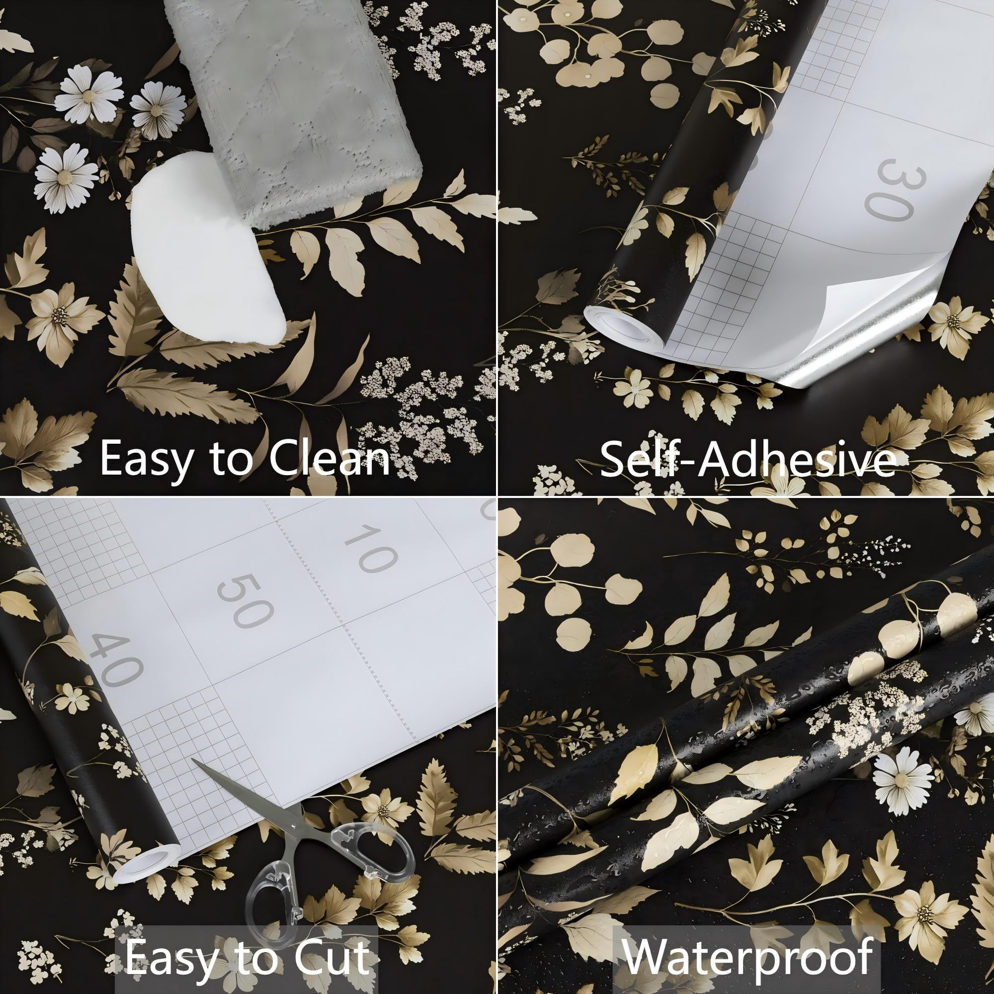 UMIGGEE 17.3-in x 236-in Floral Wallpaper Peel and Stick Floral Black Wallpaper Self Adhesive Flower Wall Paper Contact Paper Home Decor Wall Covering Old Furniture Renovation