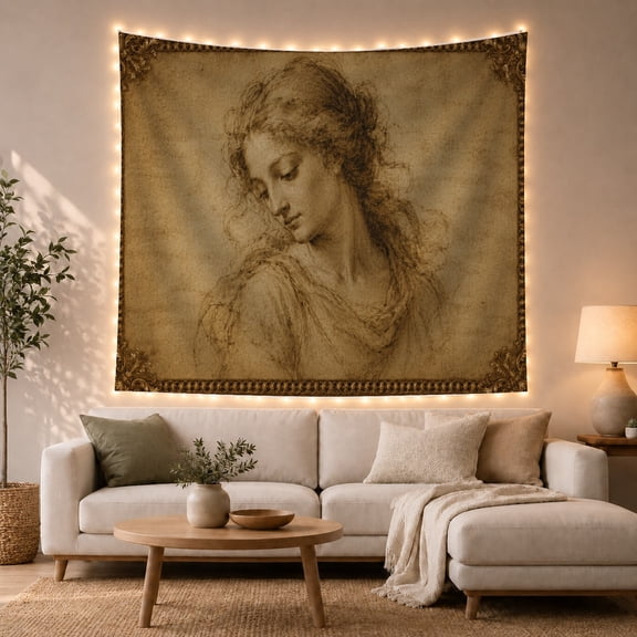 Vintage Angel Portrait With Soft Sepia Lines, Serene Vintage Style for Vintage Art Lovers, Classical Wall Art, Housewarming Gift, Tapestry Wall Hanging for Bedroom and Living Room