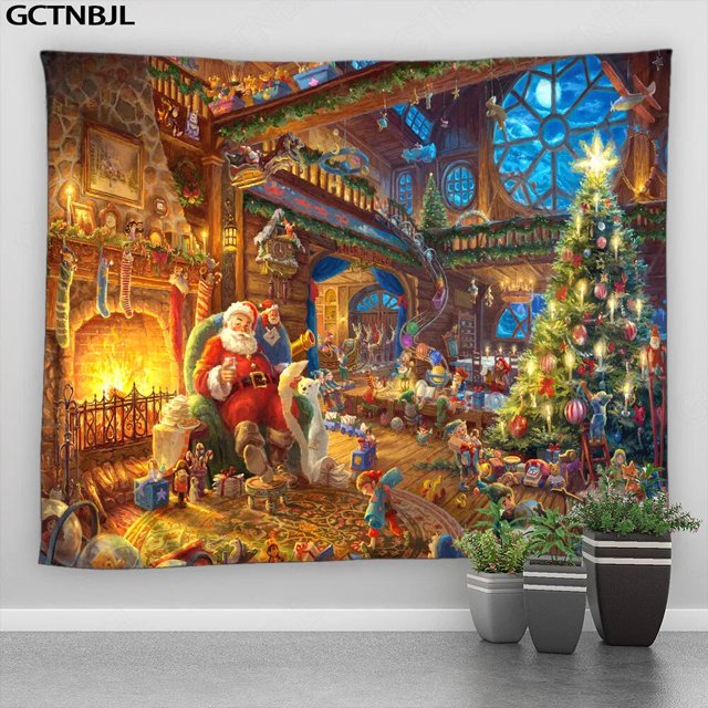 Tapiz navideño colgante de pared fuera de la ventana, Paisaje de nieve, bosque, invierno, dormitorio, sala de estar, decoración del hogar, tela