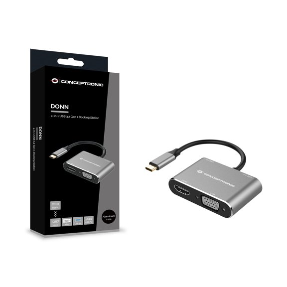 CONCEPTRONIC DONN16G 4-in-1 USB 3.2 Gen 1 Dockingstation, HDMI, VGA, USB-A 3.0, 100 W USB PD