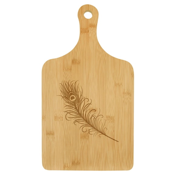Charcuterie Board With Handle Cheese Board Bamboo Cutting Board Gift Peacock Feather (Small 13.5” x 7”)