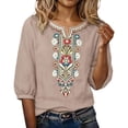 thumbnail image 2 of Tops for Women 3/4 Sleeve Boho Cotton Linen Shirts Embroidered Blouses Casual Bohemian Shirts Khaki M, 2 of 8