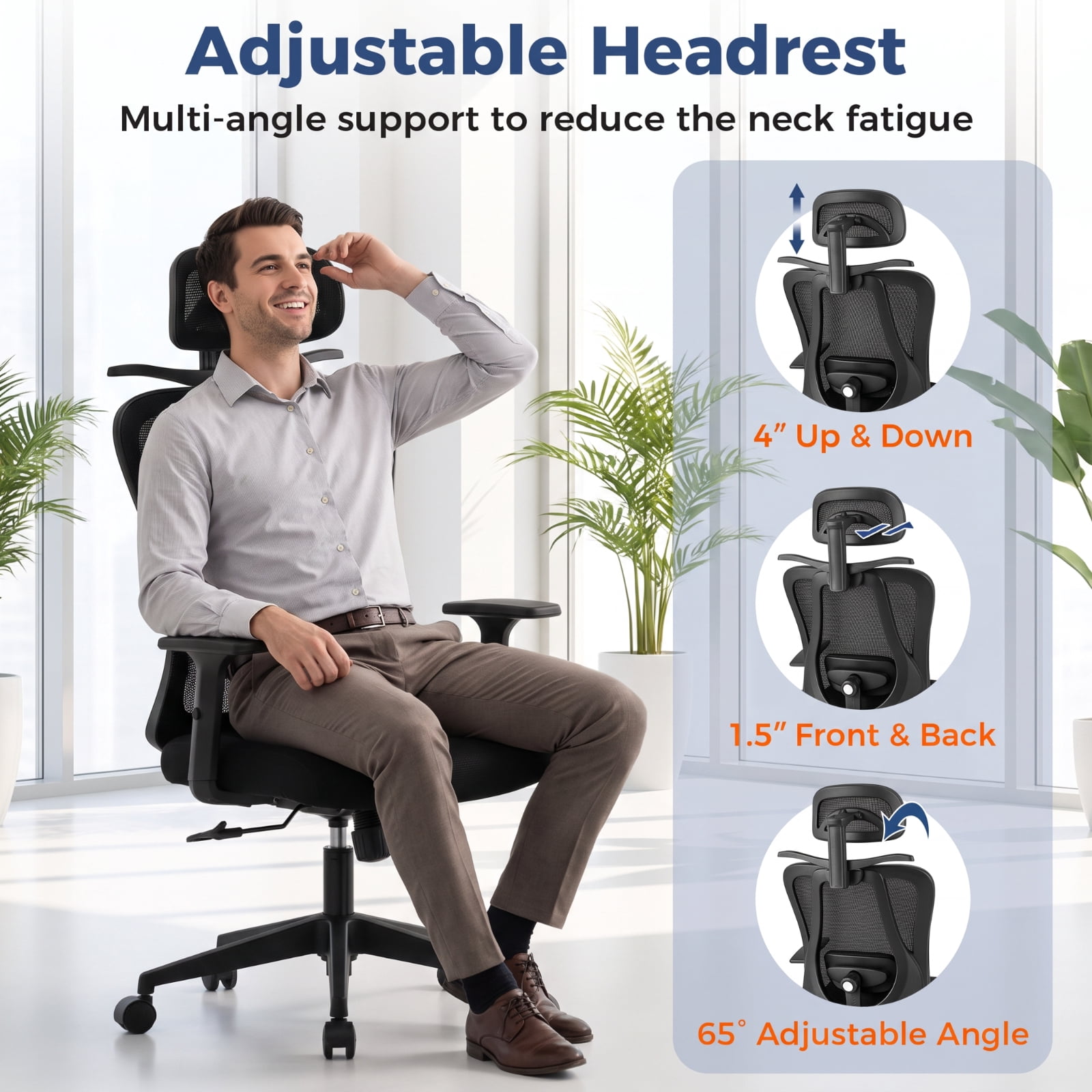 Furnibear Ergonomic Office Chair High Back Breathable Mesh Computer Chair with Adjustable 3D Headrest Lumbar Support and Recline, Black