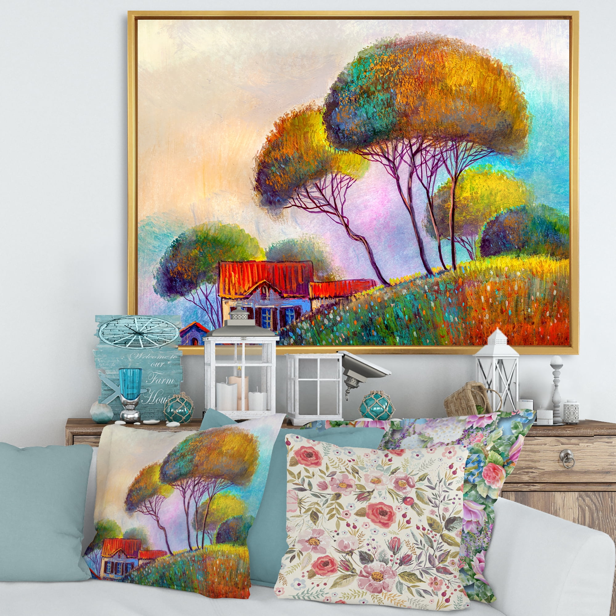 Designart 'Beautiful Village House On A Hot Summer Day' Modern Framed Canvas Wall Art Print