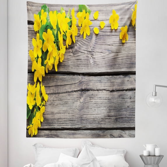 Flowers Tapestry, Spring Love Petals on Rustic Wooden Planks Country Cottage Style Image, Fabric Wall Hanging Decor for Bedroom Living Room Dorm, 5 Sizes, Dimgray Yellow Green, by Ambesonne