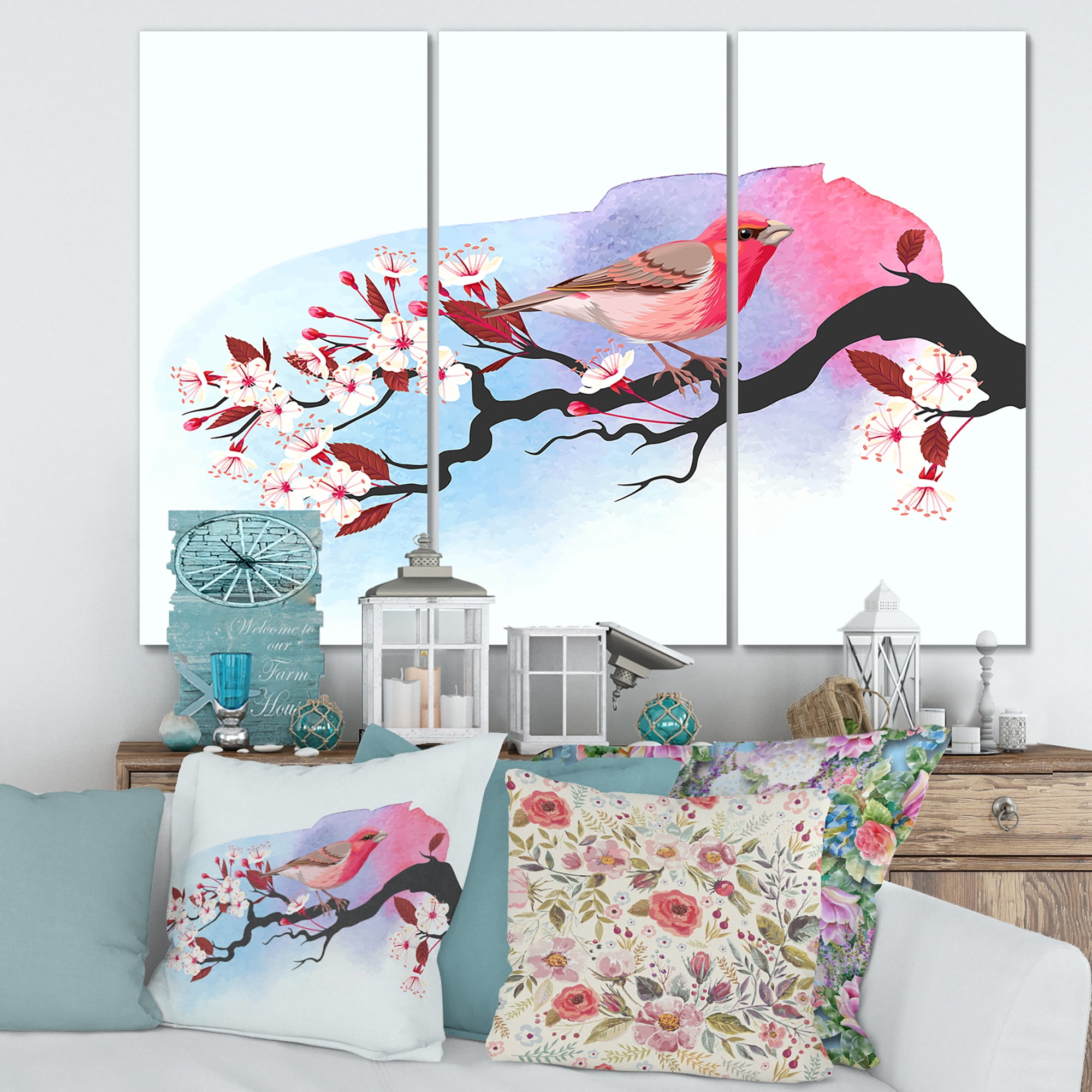 Designart ' Pink Bird Sitting On Cherry Branch ' Traditional Canvas Wall Art Print