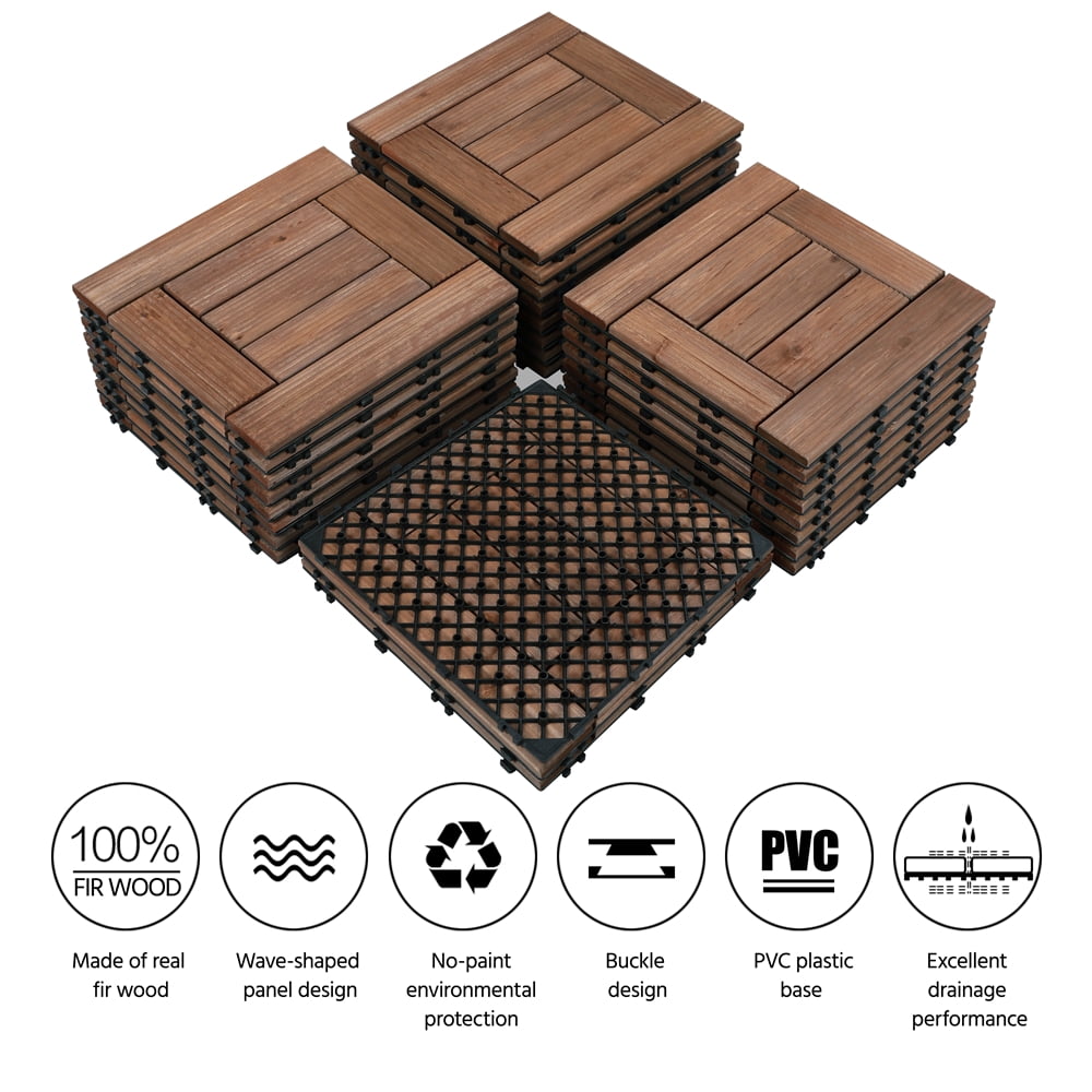 Renwick 27pcs Interlocking Fir Wooden Floor Tiles for Outdoor & Indoor, Brown