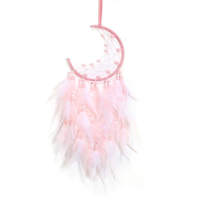 Bearachild Decoración de pared de plumas de luna rosa, colgante de pared LED, pluma artesanal, decoración bohemia, colgantes de plumas de pared de luna, Iluminación navideña Bearachild HA013361-00