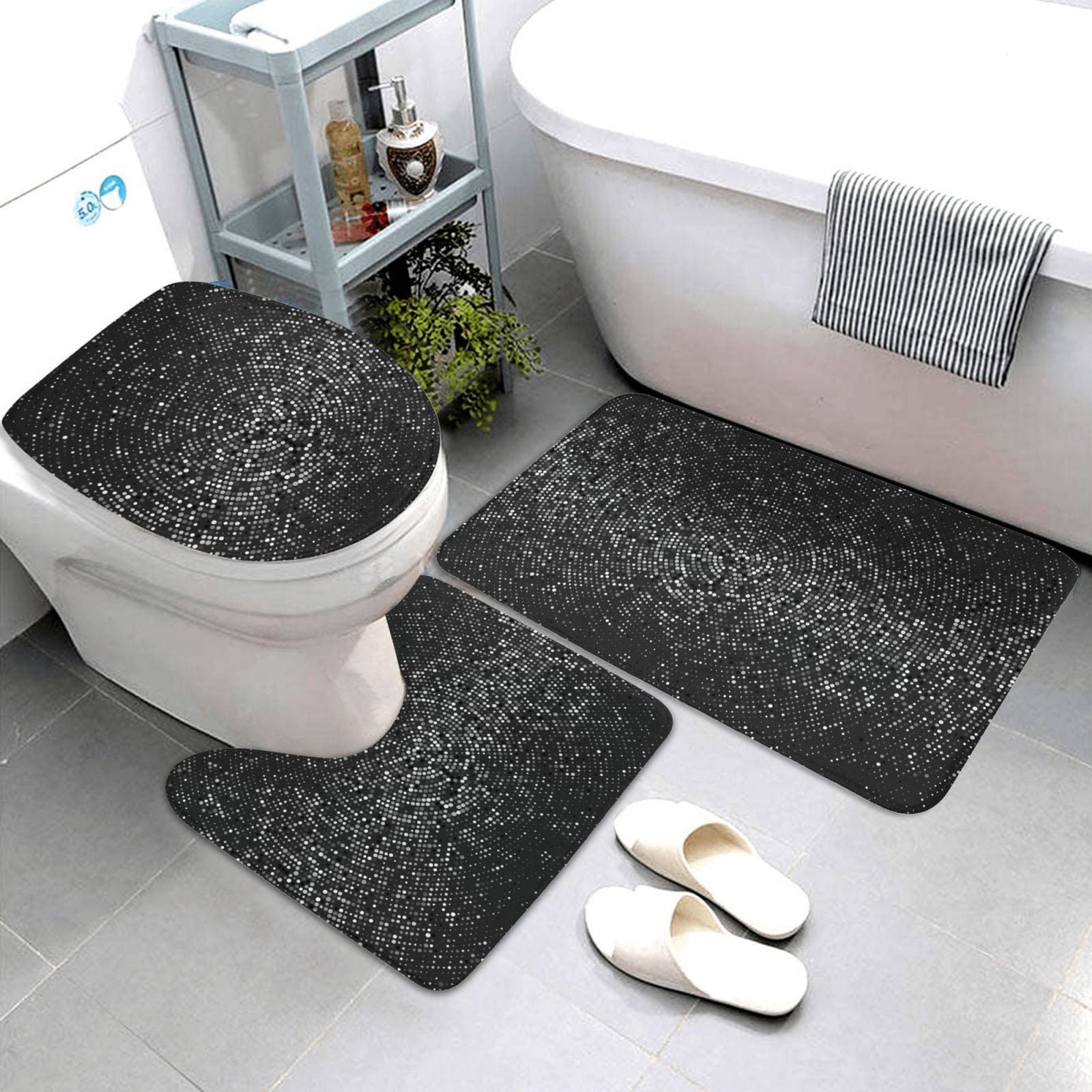 Bathroom Rugs Sets 3 Piece - Black And White Dotted Absorbent Non Slip Bath Mats, U-Shape Toilet Lid Cover, Contour Mat, Soft Washable Shower Mats Bath Rug Mat for Bathroom Tub Toilet