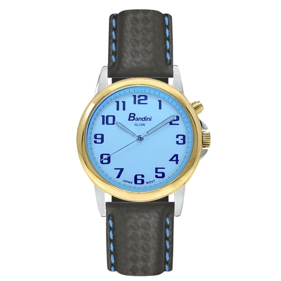 Bandini Mens Glow Watch - Carbon Fiber Leather Band - 38mm Analog Men's Easy to Read Watch with Light, Light Up Watches, Quartz, White Dial, Big Numbers, Glow in Dark Hands - Two-Tone / Black and Blue