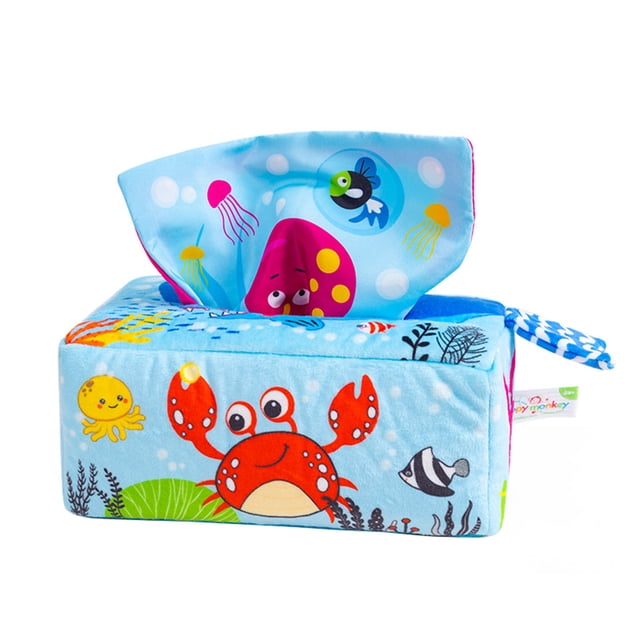 A Sensory Tissue Box Toy With Teether Crinkle Paper High Contrast Scarves For Baby Early Development Age 0 To 1 Play