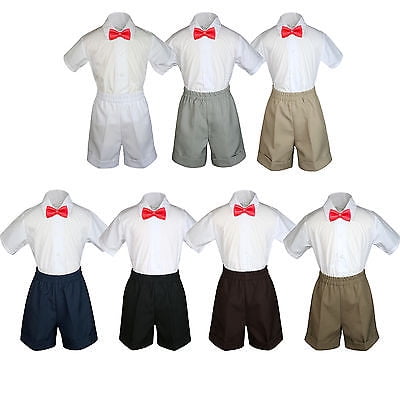 

3pc Set Boy Toddler Formal Party Red BowTie White Black Khaki Shorts S-4T