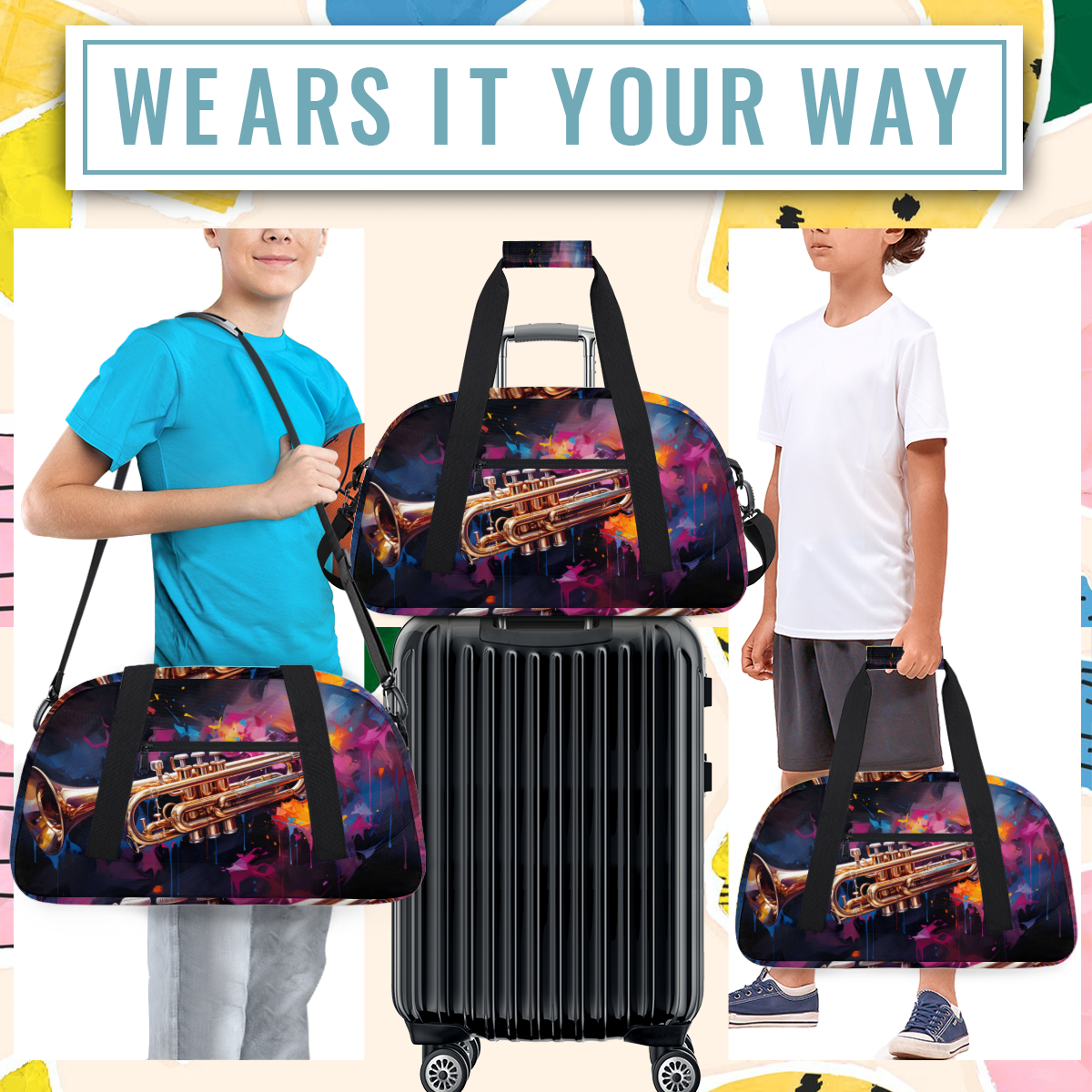 Herdesigns Trumpet Sports Duffle Bag for Women & Men, Music Theme Gym Bag Dance Bag Overnight Bag Carry On Weekender Travel Bag