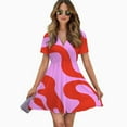 thumbnail image 2 of Abstract Red Pink Swirl Pattern Women Dress V-Neck Short Sleeve Flowy Swing Party Midi Dress, 2 of 4