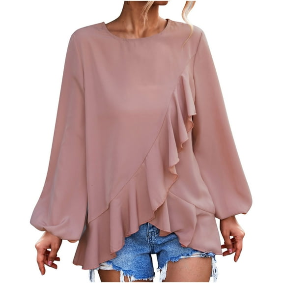 Womens Trendy Fall Spring Tunic Tops Crewneck Ruffle Lantern Sleeve Shirts Casual Loose Comfy Ladies Blouses Tees