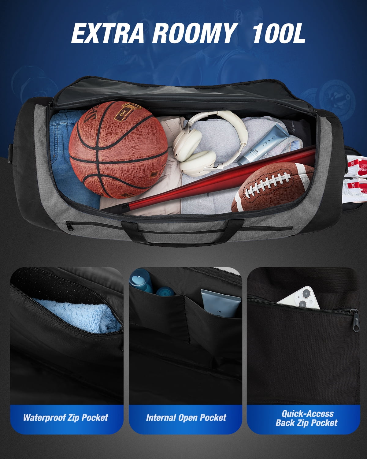 Gonex 100L Gym Bag for Men Women, Water-Resistant Extra Large Sports Duffel Bag with Shoe Compartment & Wet Pocket for Fitness, Travel, Weeklong Trips