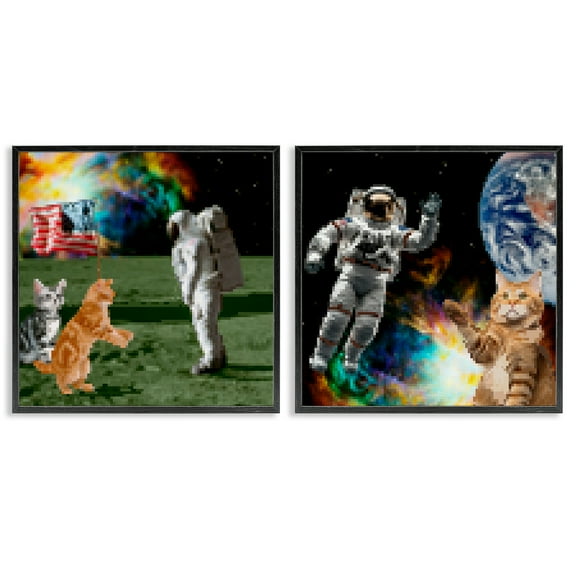 Stupell Industries Cats & Astronauts in Space Novelty & Humor Painting Black Framed Art Print Wall Art, 12 x 12, Set of 2