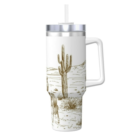 Vsdgher Western Desert Cowboys Pattern 40 oz Tumbler with Handle and Straw Lid | Insulated Cup Reusable Stainless Steel Water Bottle Travel Mug | Gifts for Women Men Him Her