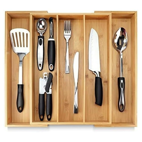 Pristine Bamboo Silverware Expandable Adjustable Wooden Divider Tray Organizer, 5 Slots, 17x19.3x2.4 Inches
