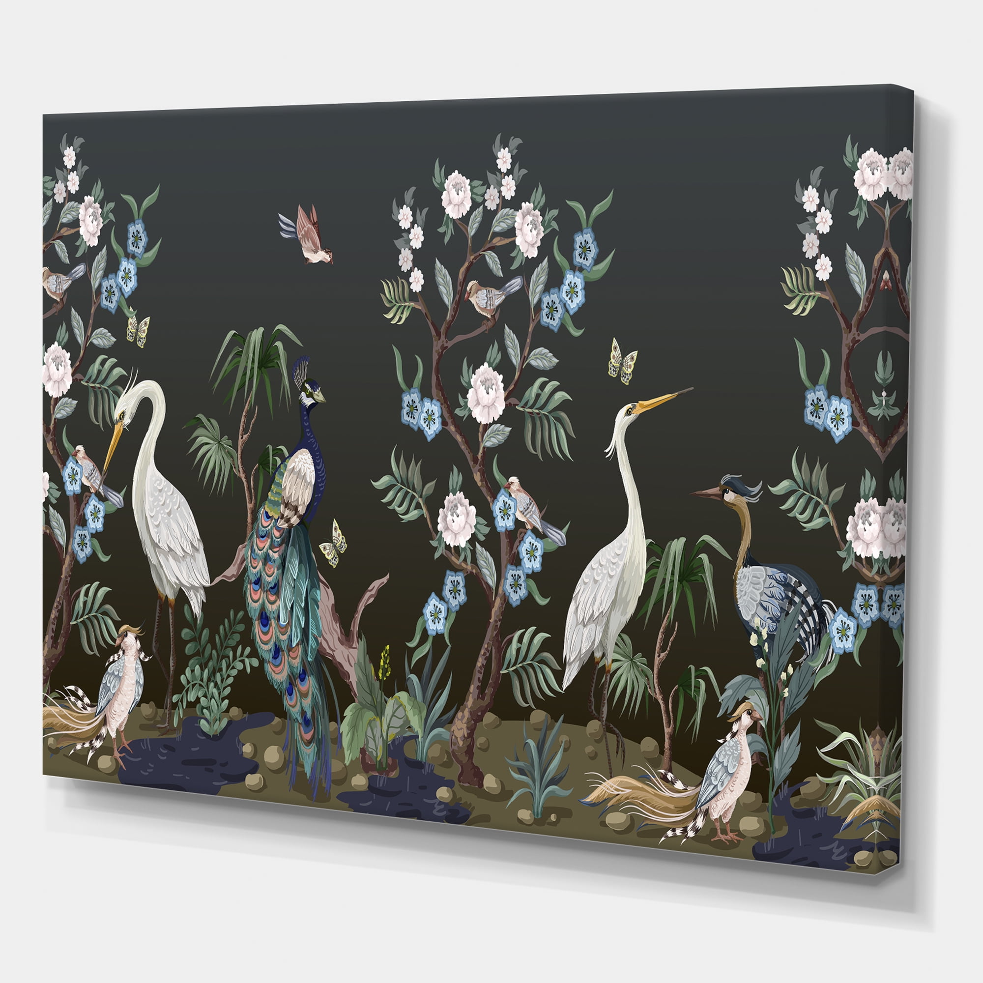 Designart ' Chinoiserie With Peonies and Birds IV ' Traditional Canvas Wall Art Print