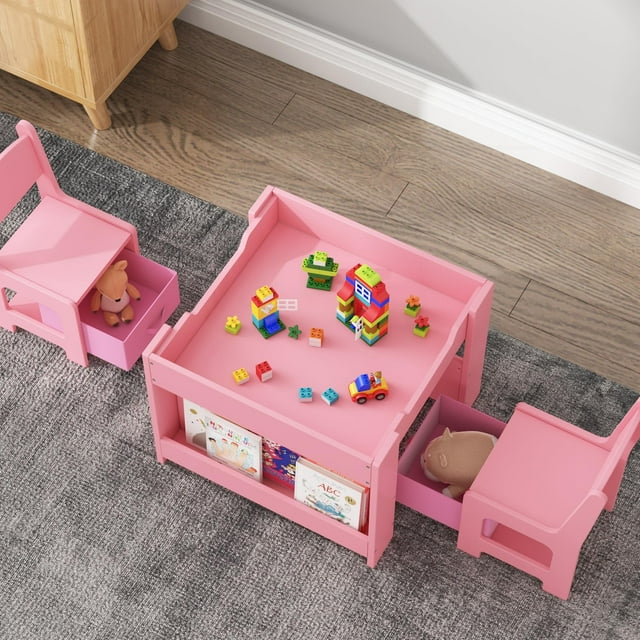 EDTara Ensemble Table et Chaises pour Enfants, Table d'Activité en Bois 4 en 1 & 2 Chaises avec Tiroir de Rangement Plateau Amovible pour Tout-Petits Dessin, Lecture, Artisanat, Art, Travaux Ménagers, Garderie, Salle de Jeux, Salle de Classe