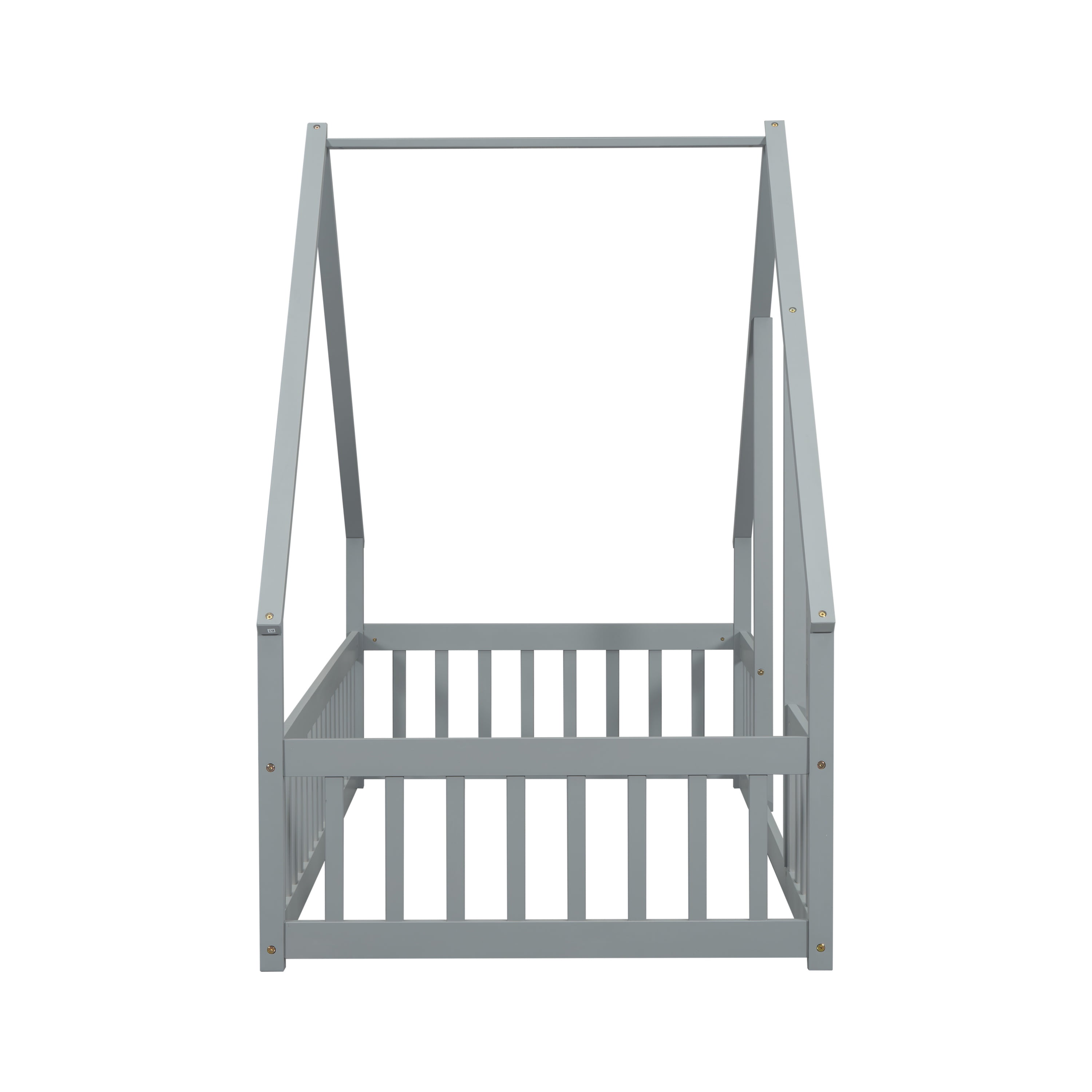 Bellemave Twin Size Floor Bed Frame, Wooden House Bed Twin Size with Fence, Montessori Bed with Guardrails for Bedroom(Gray)
