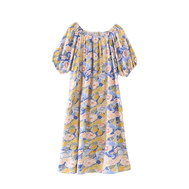 Vestido de Verano para Mujeres Cuello Redondo Impreso de Manga Corta, Vestido Casual de Moda para el Hogar Y Diario