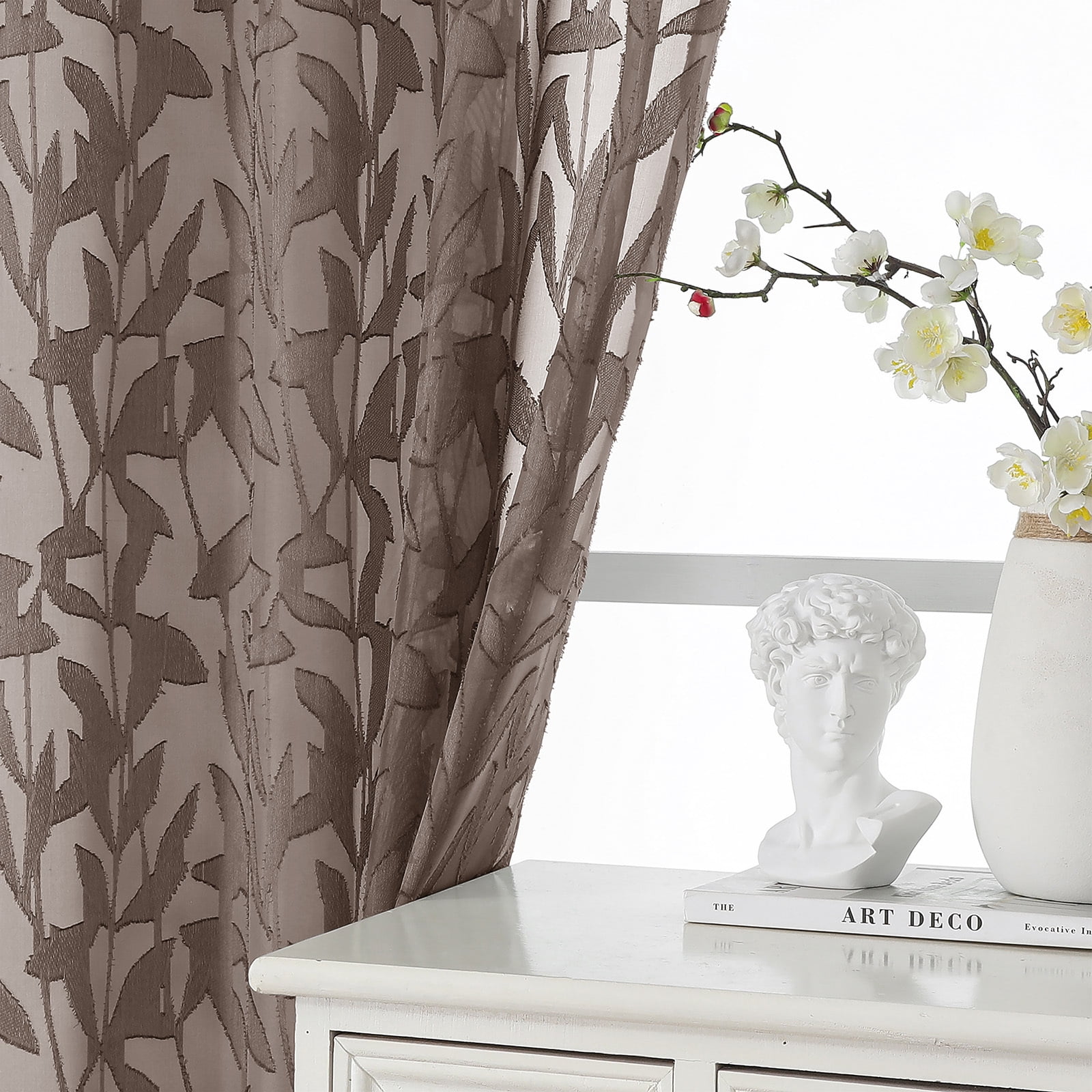OVZME Leila Chocolate Sheer Curtains 54 Inch Length 2 Panels Set, Light Filtering Textured Leaf Jacquard Small Window Curtain for Living Room Bedroom Rod Pocket, Each 40"Wx54"L, Chocolate