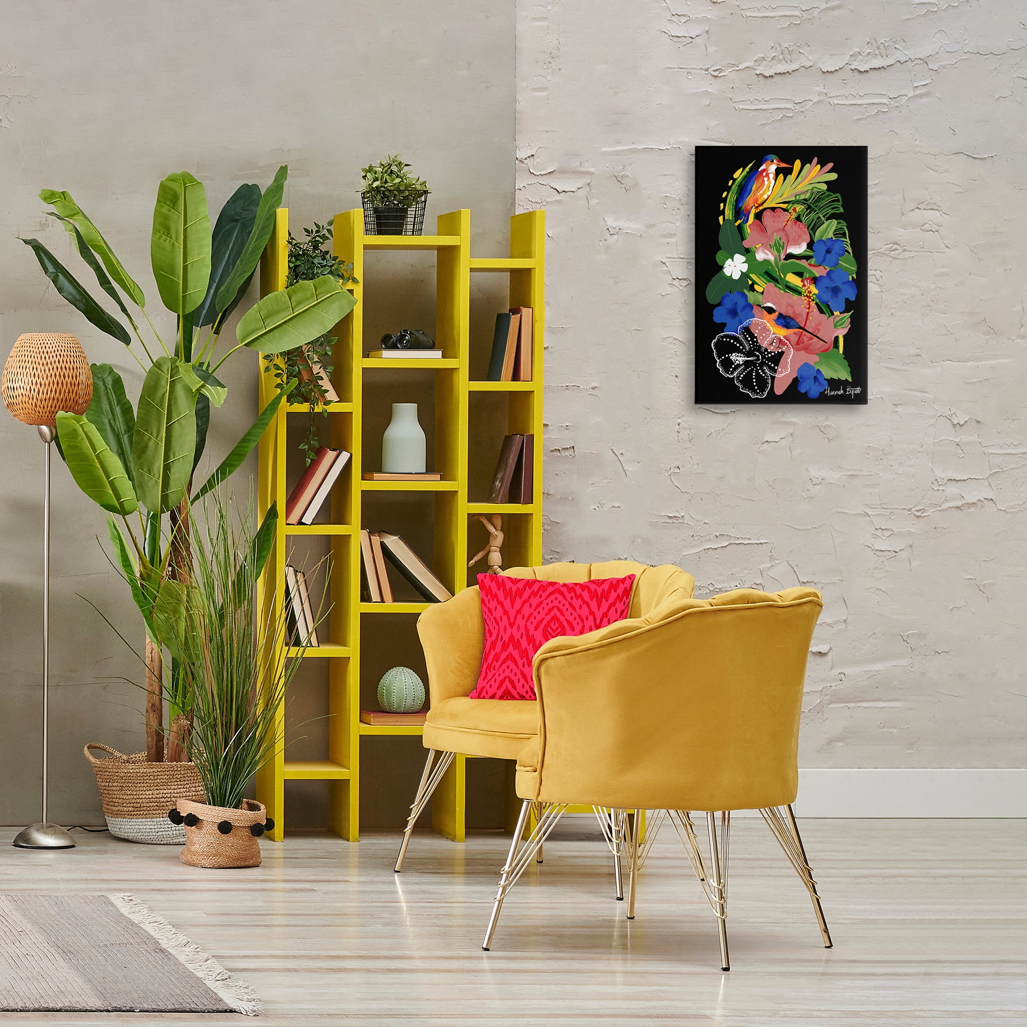 Stupell Industries Tropical Gambia Style Florals Animals Painting Wrapped Canvas Art Print Wall Art, 16 x 24