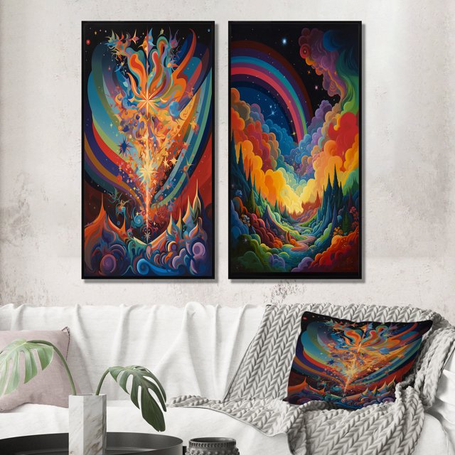 Designart "Visionary Rainbow Mystery Landscapes" Abstract Landscape Framed Wall Art Set Of 2 - Modern Multicolor Framed Wall Art Set Of 2