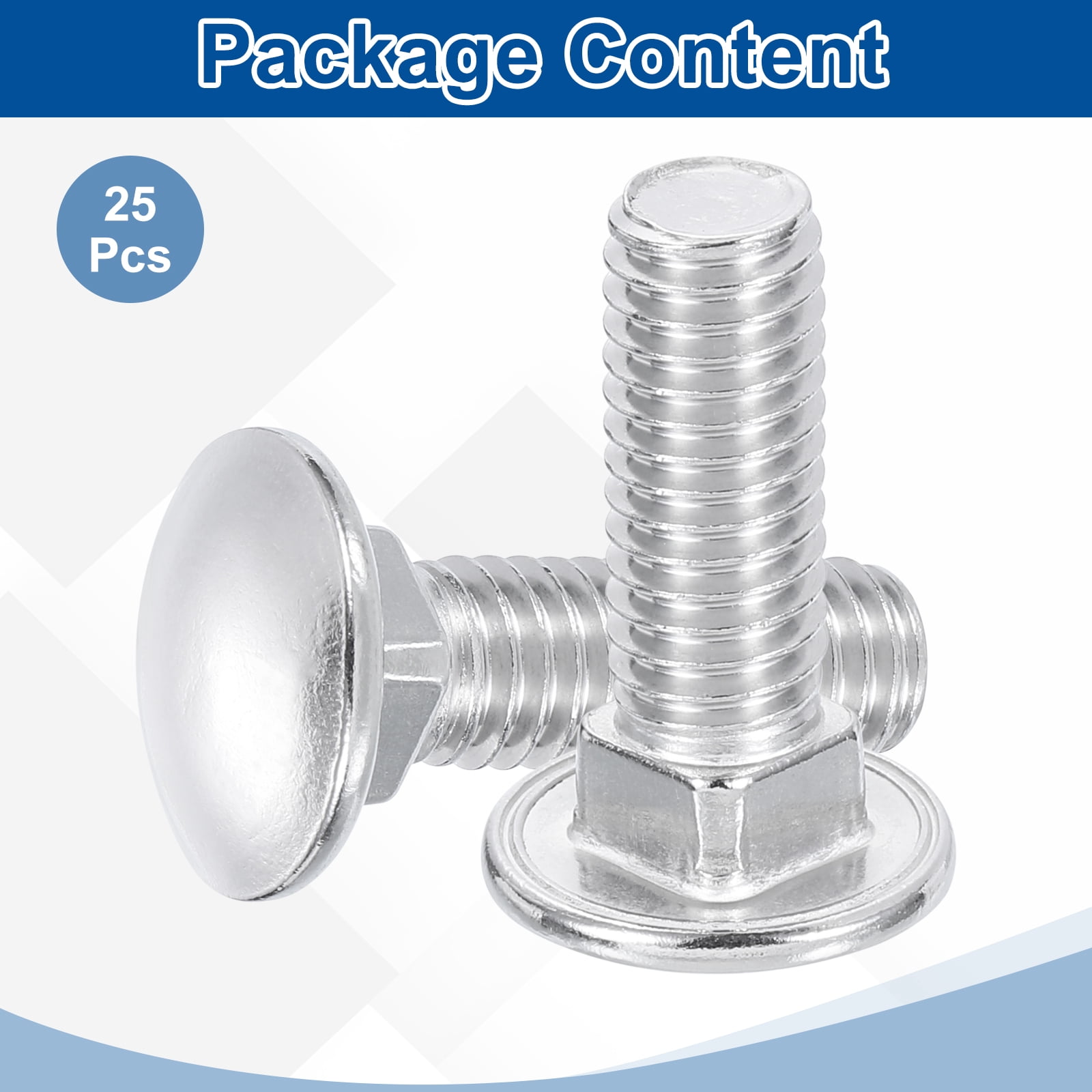 Uxcell 25Pack 3/8"-16x1-1/2" Stainless Steel Carriage Bolts Round Head Square Neck, Silver
