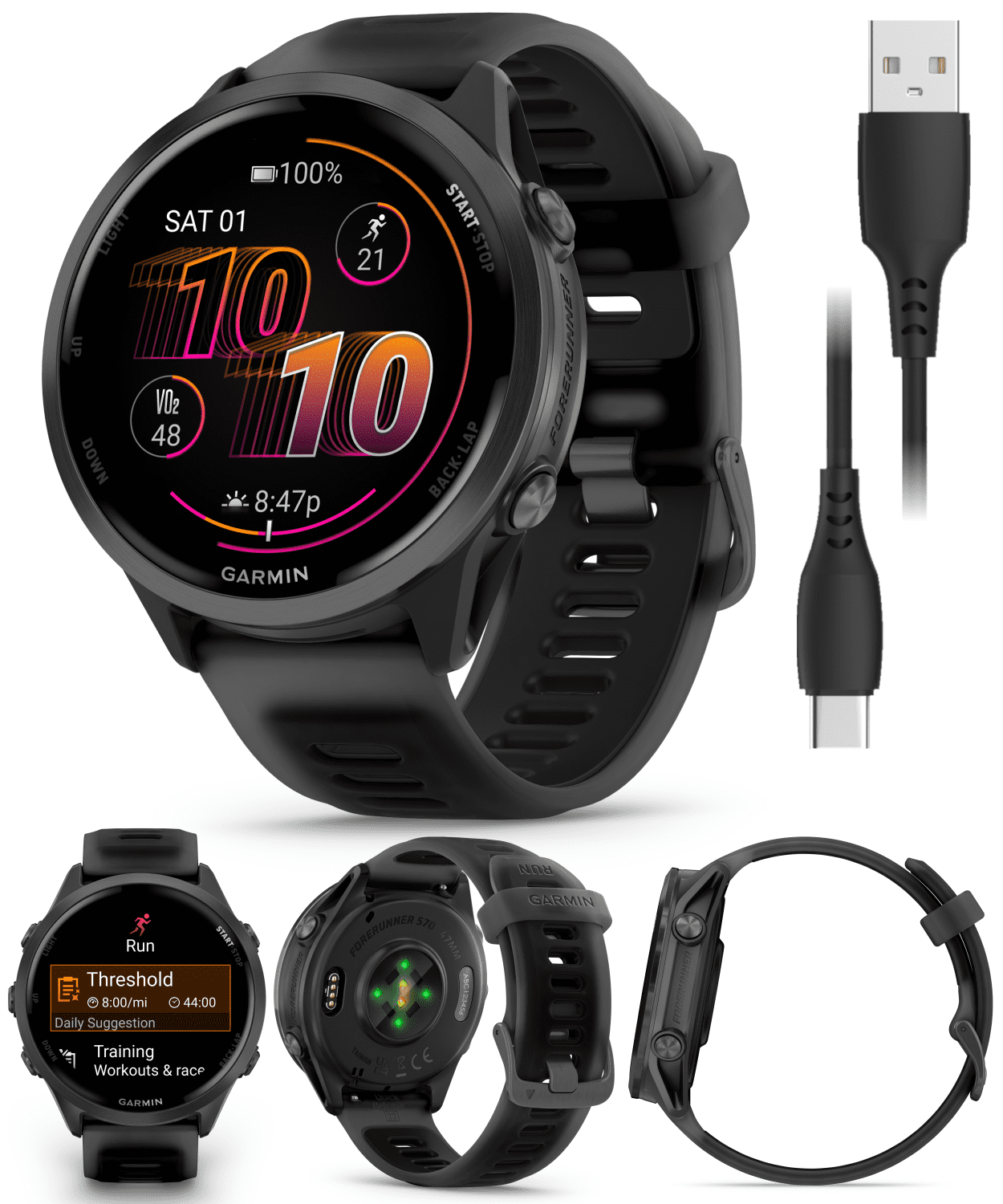Garmin Forerunner 570 47mm Advanced GPS Running & Triathlon Smartwatch, AMOLED Display, Training & Recovery, Slate Gray Aluminum w/ Translucent Black/Black Band w/ Wearable4U PowerBank Bundle