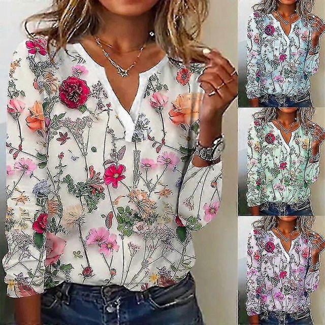 For Women Blouse Shirt White Green Floral Button Print 3/4 Sleeve For Events Weekend Essential Round Standard Floral