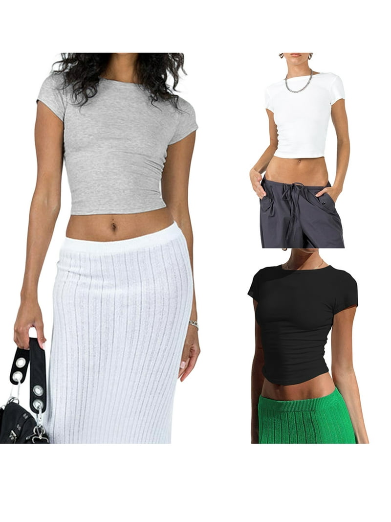 Springcmy Women Basic Y2k Crop Tops Tight Round Neck Baby