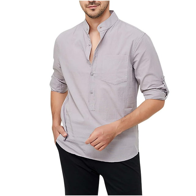 KIHOUT Chemises à Manches Longues pour Hommes Décontracté Col Rabattu Chandail Bouton Mode Décontractée Coton-Lin Tops SL/TG
