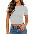thumbnail image 3 of LIaqionyy Womens Crop Tops Crew Neck Ribbed Short Sleeve Summer Basic Tees Slim Shirts Casual Going out Outfits, 3 of 8