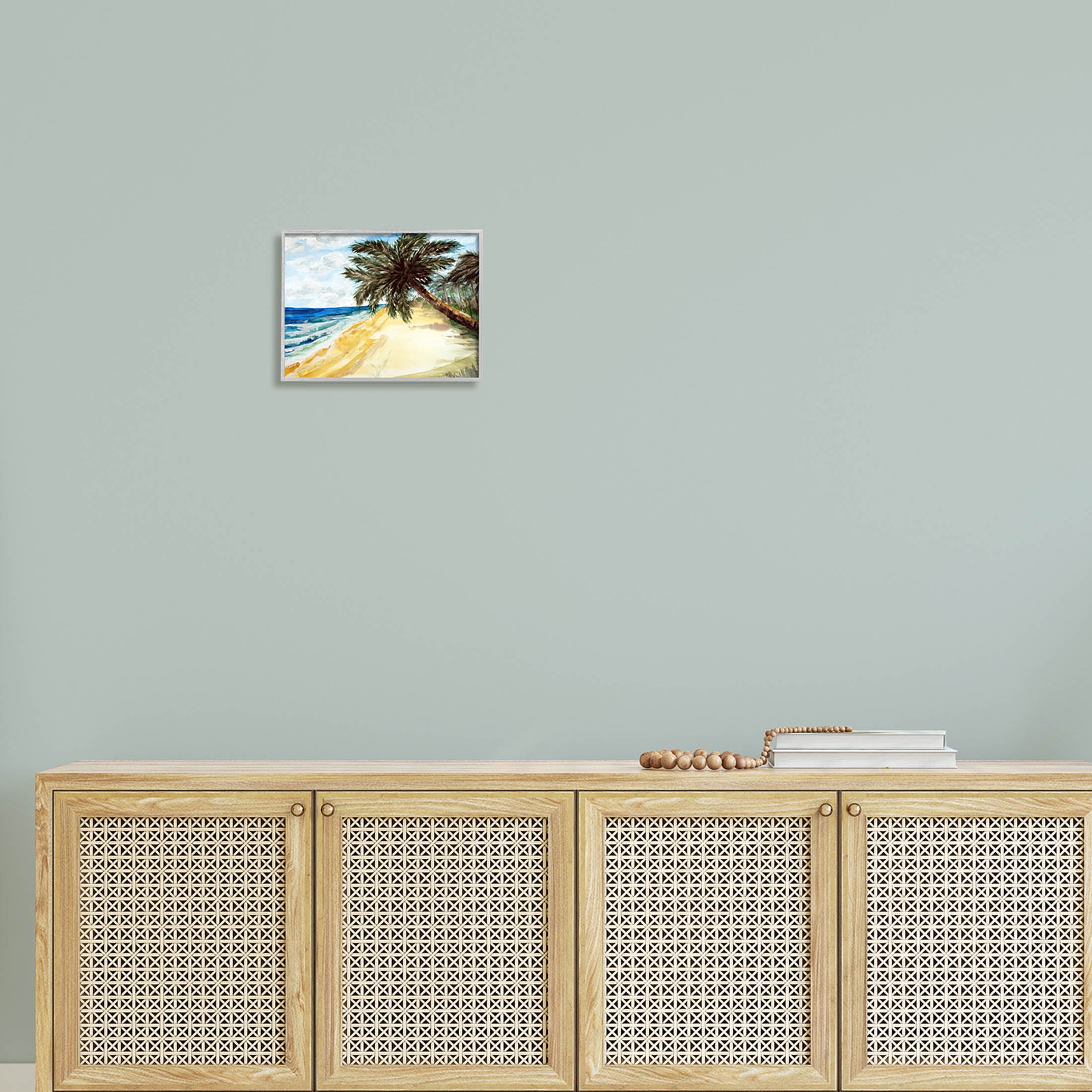 Summer Palm Overhanging Beach Coastal Painting Gray Framed Art Print Wall Art