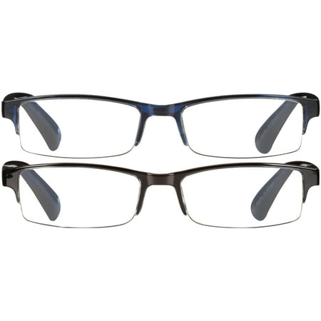 Equate Quinn Value 2-Pack Unisex Rectangular Reading Glasses with Case, Black/Navy Blue, +2.50