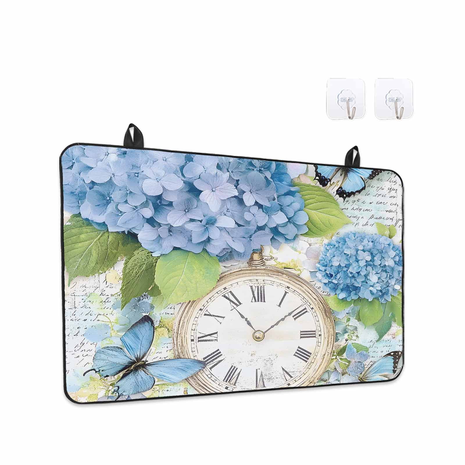 Blue Hydrangea Retro Stove Top Cover for Electric Stove, Heat-proof & Non Slip Glass Top Stove Cover Protector, Spring Summer Clock Butterfly Kitchen Flat Cooktop Rubber Mat 24x21 Inches